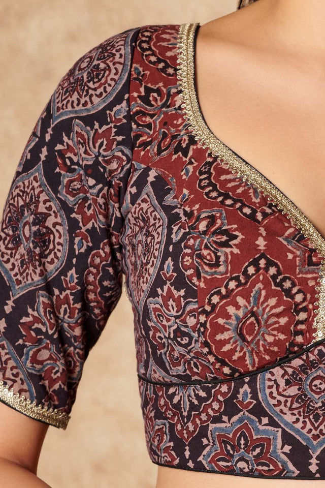 Black Ajrakh Printed Cotton Sweetheart Neck Blouse