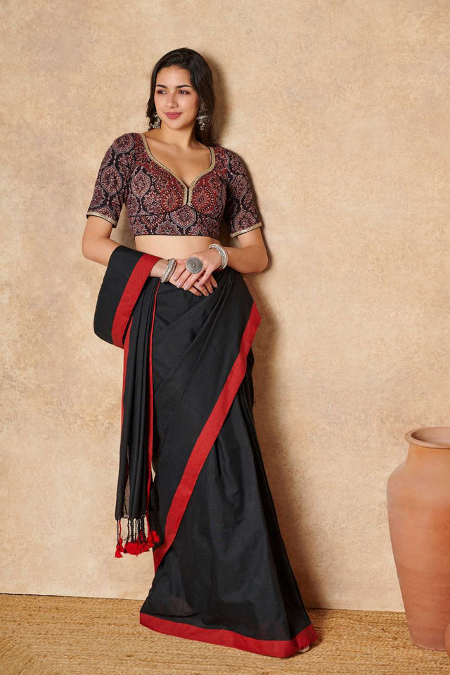 Black Ajrakh Printed Cotton Sweetheart Neck Blouse