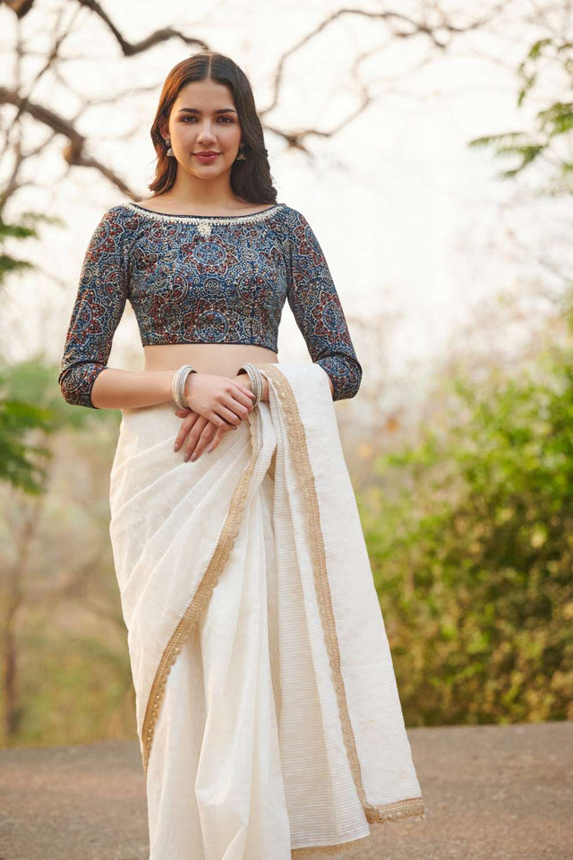 Blue Ajrakh Printed Cotton Boat Neck Blouse