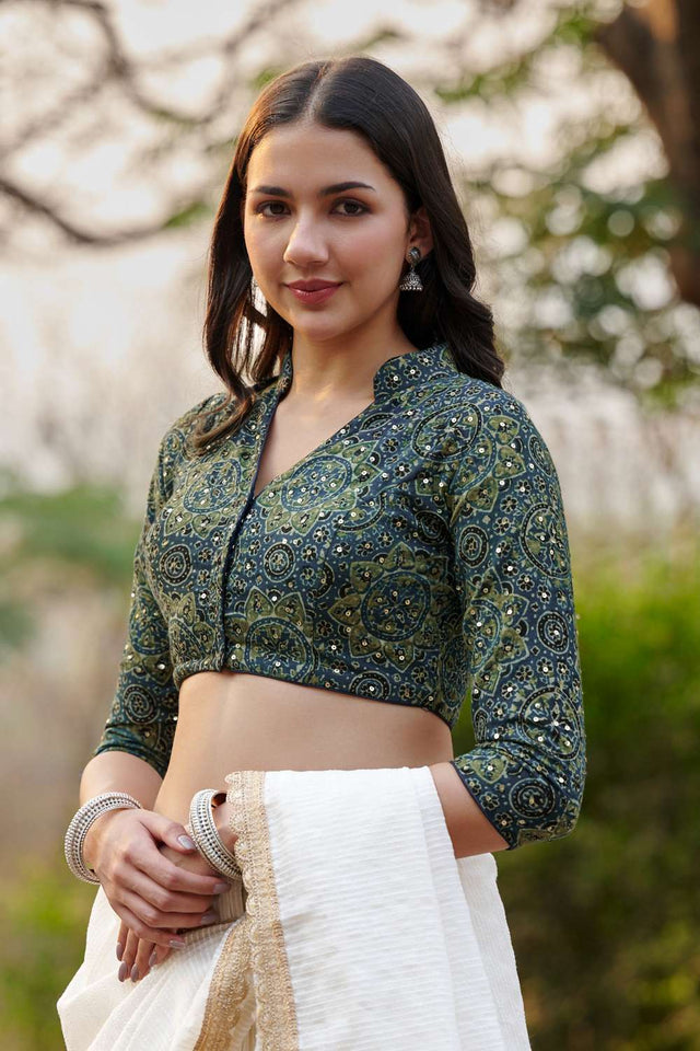 Blue Ajrakh Printed Cotton Stand Collar Blouse (CCBL0024-BLUE)
