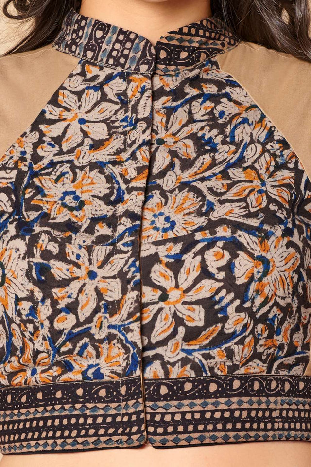 Beige Kalamkari Printed Cotton Stand Collar Blouse