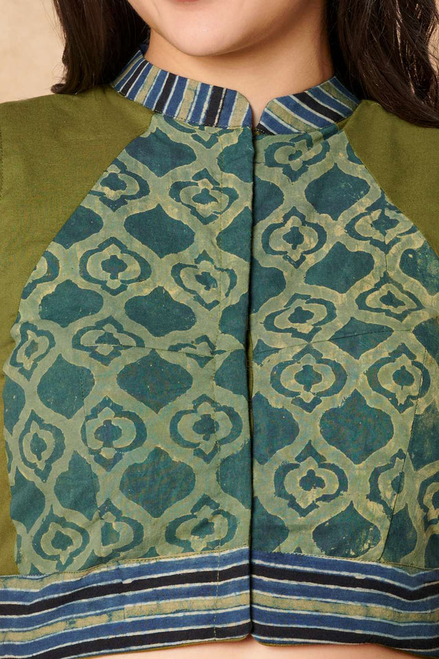 Olive Green Printed Cotton Stand Collar Blouse
