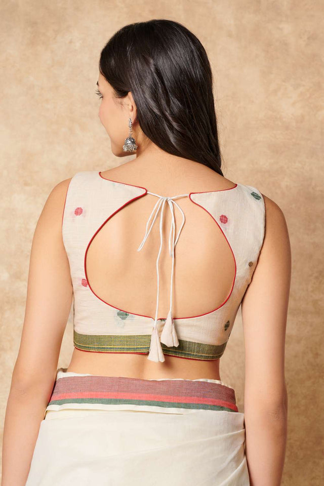 Off White Polka Dot Cotton Boat Neck Blouse