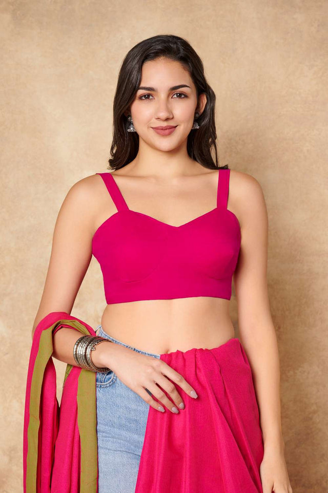 Pink Solid Cotton Sweetheart Neck Blouse