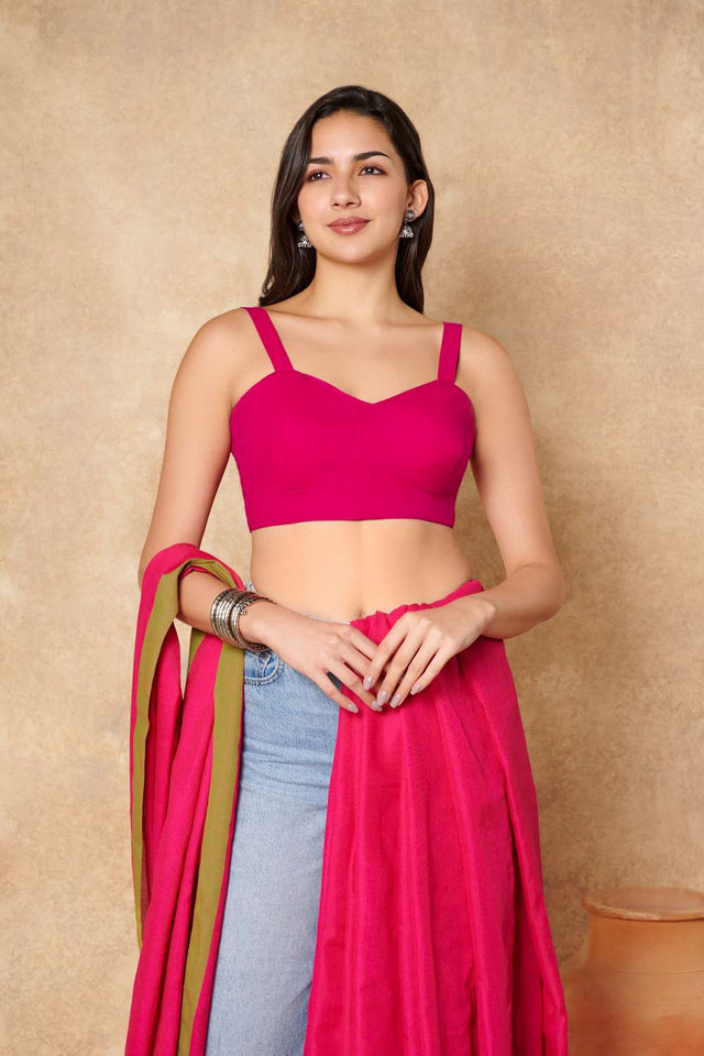 Pink Solid Cotton Sweetheart Neck Blouse