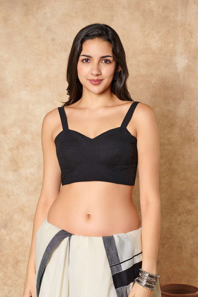 Black Solid Cotton Sweetheart Neck Blouse