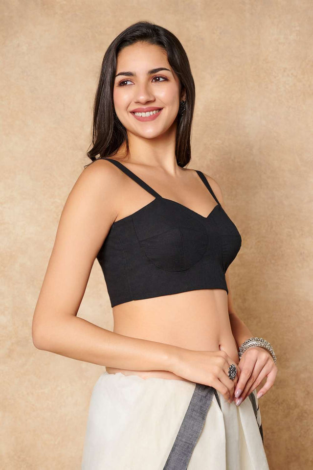 Black Solid Cotton Sweetheart Neck Blouse