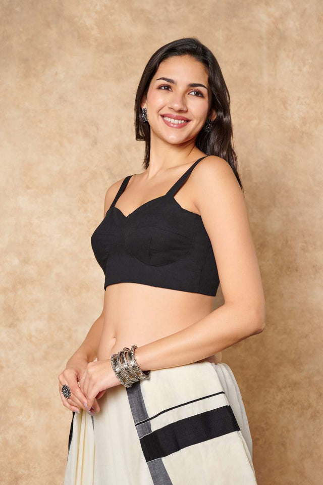 Black Solid Cotton Sweetheart Neck Blouse