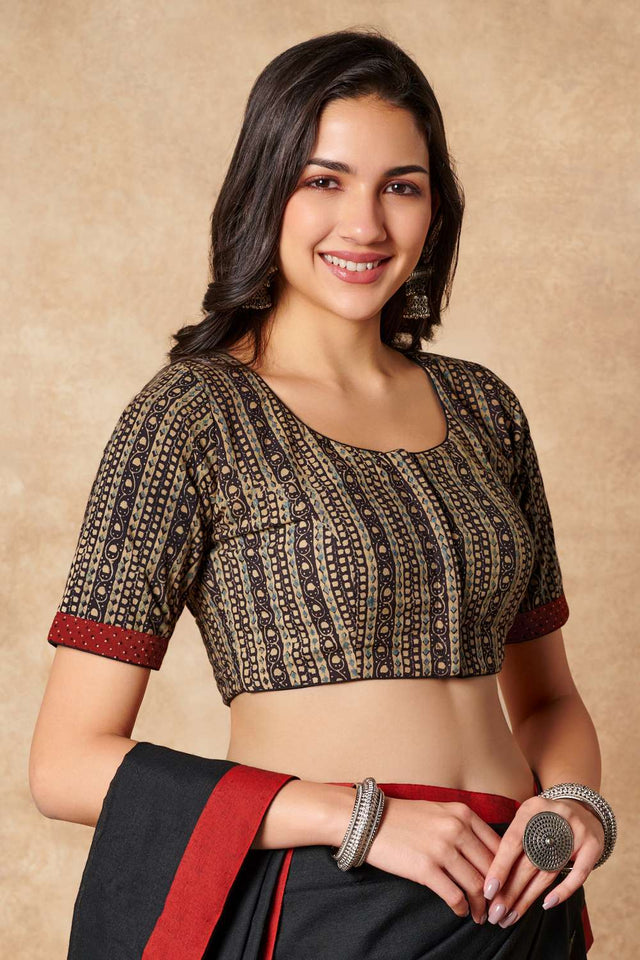 Beige Printed Cotton Round Neck Blouse