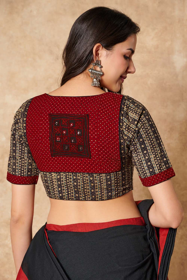 Beige Printed Cotton Round Neck Blouse