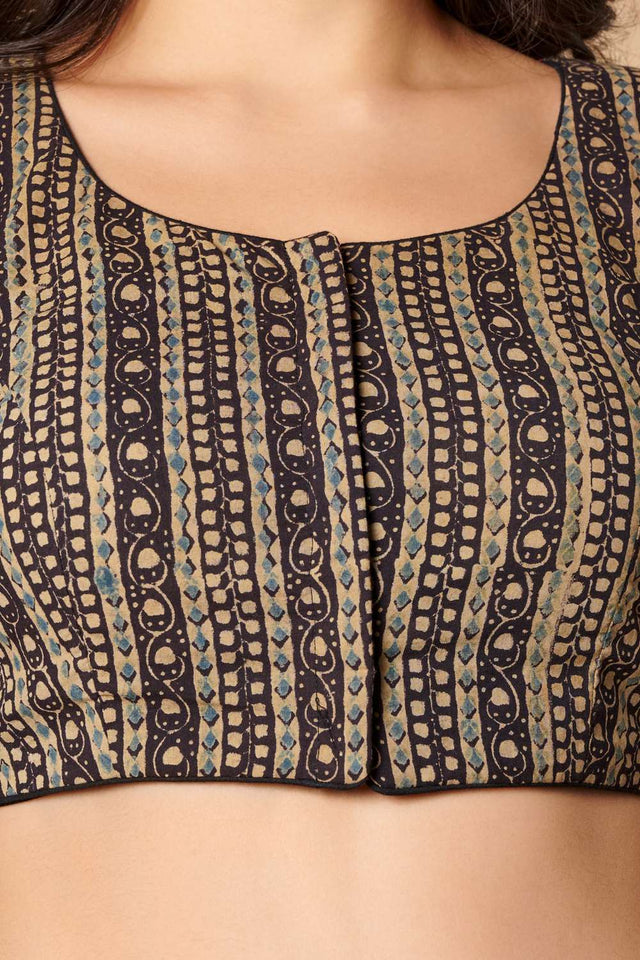 Beige Printed Cotton Round Neck Blouse
