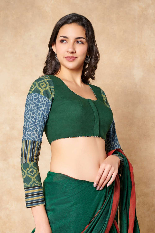 Green Ajrakh Printed Cotton Round Neck Blouse