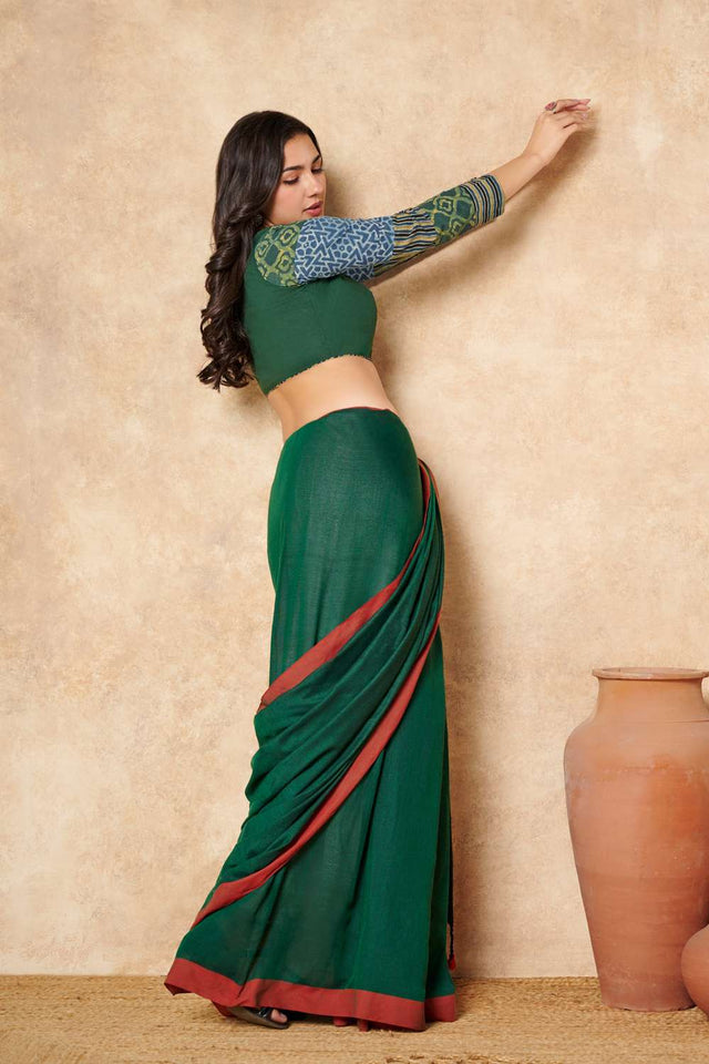 Green Ajrakh Printed Cotton Round Neck Blouse