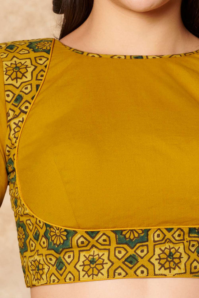Yellow Ajrakh Printed Cotton Round Neck Blouse