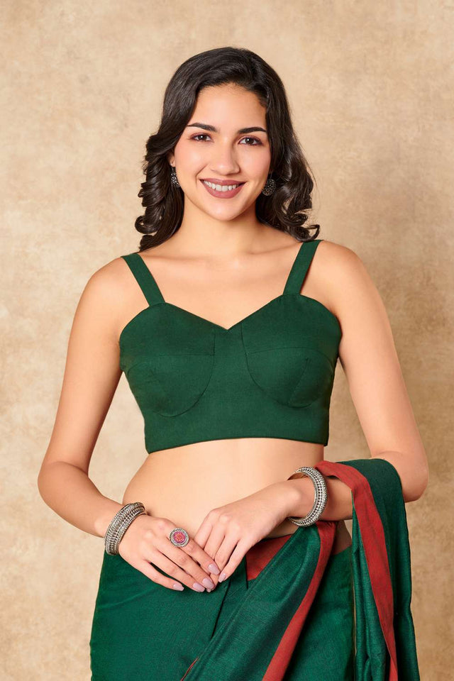 Green Solid Cotton Sweetheart Neck Blouse