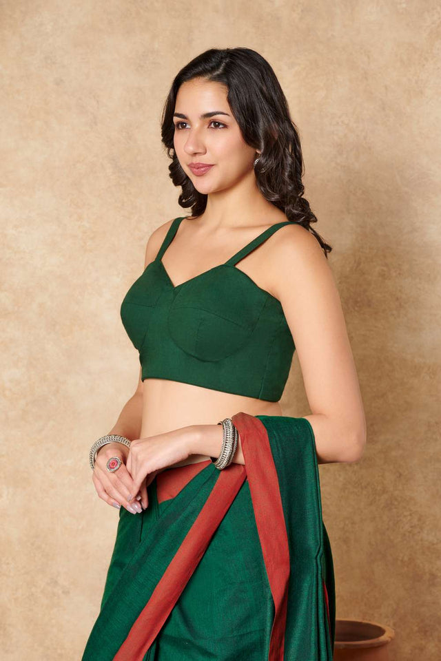 Green Solid Cotton Sweetheart Neck Blouse