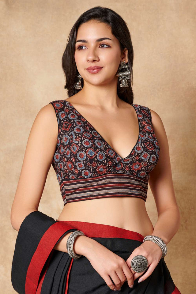 Black Ajrakh Printed Cotton V Neck Blouse