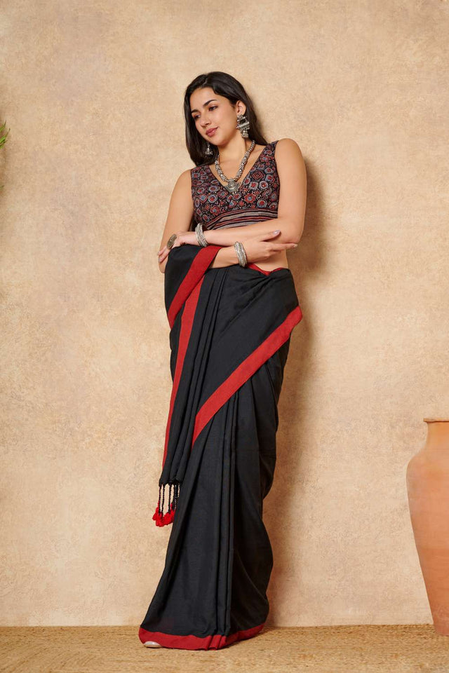 Black Ajrakh Printed Cotton V Neck Blouse