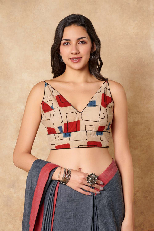 Beige Geometric Printed Cotton V Neck Blouse