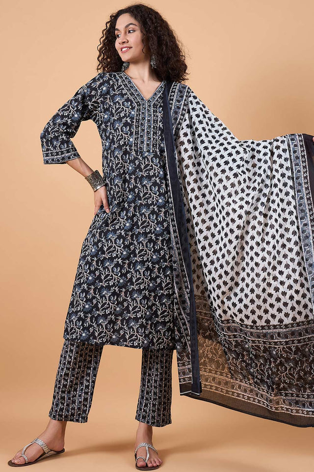 Women's Black Cotton Printed Kurti Pant Set