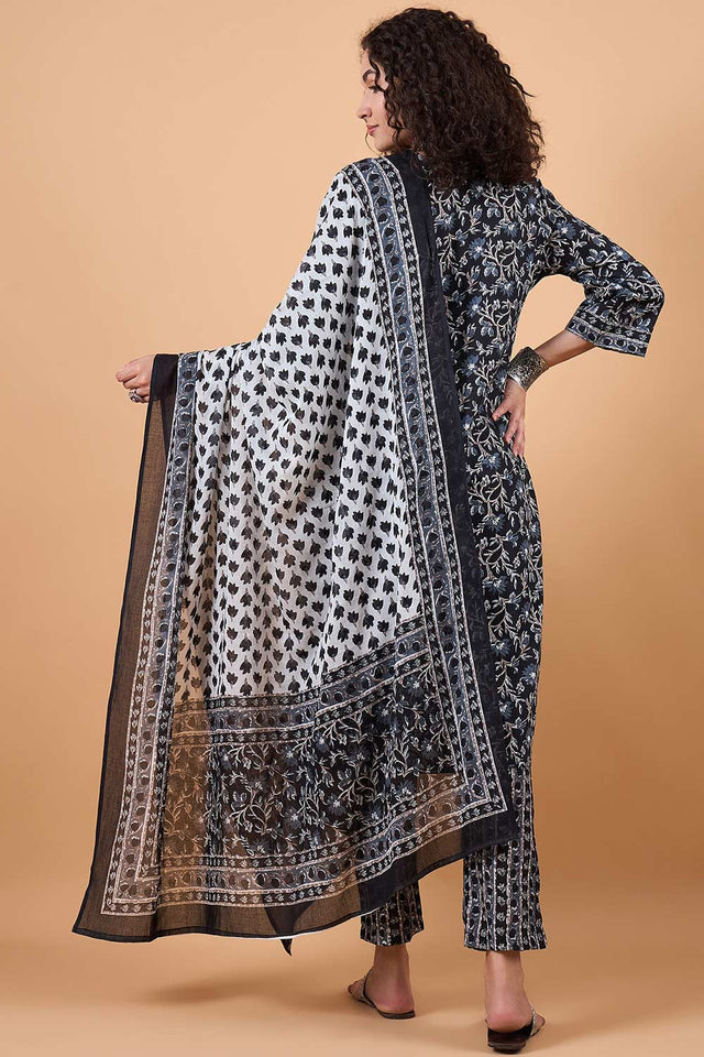 Women's Black Cotton Printed Kurti Pant Set