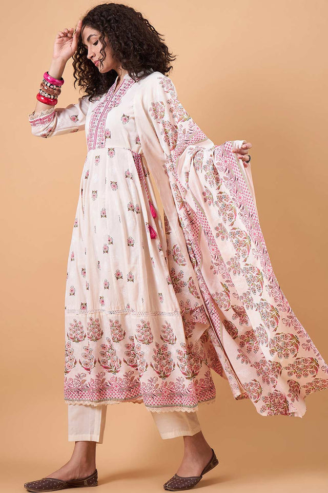 Women's White Cotton Printed Kurti Pant Set