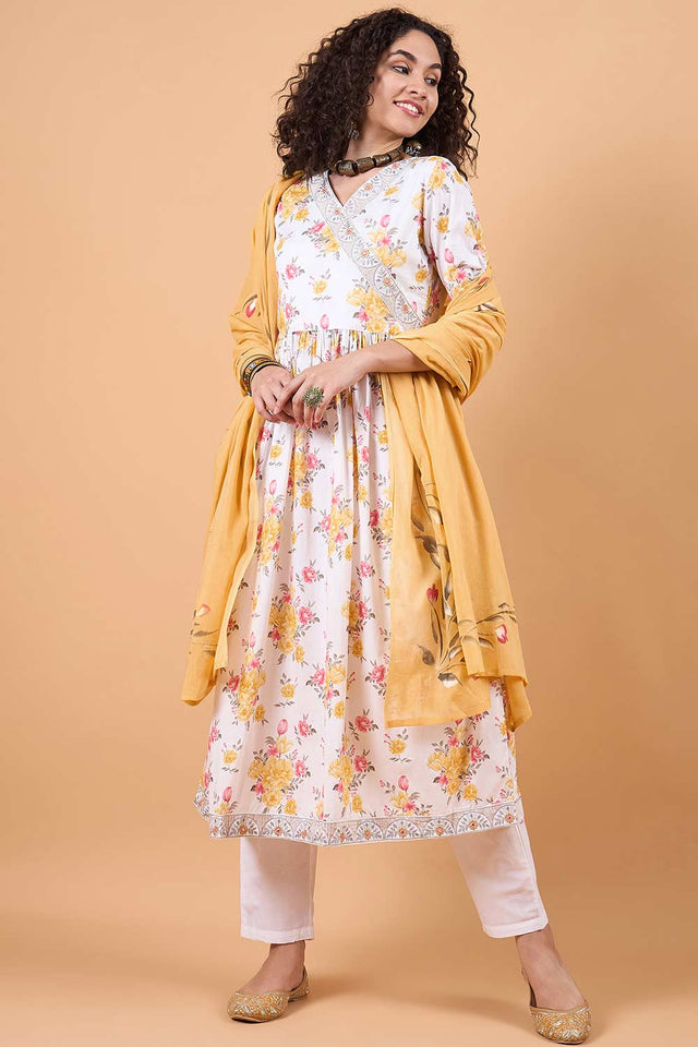 Women's White Cotton Printed Kurti Pant Set