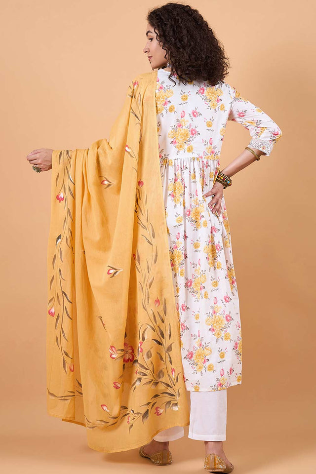 Women's White Cotton Printed Kurti Pant Set