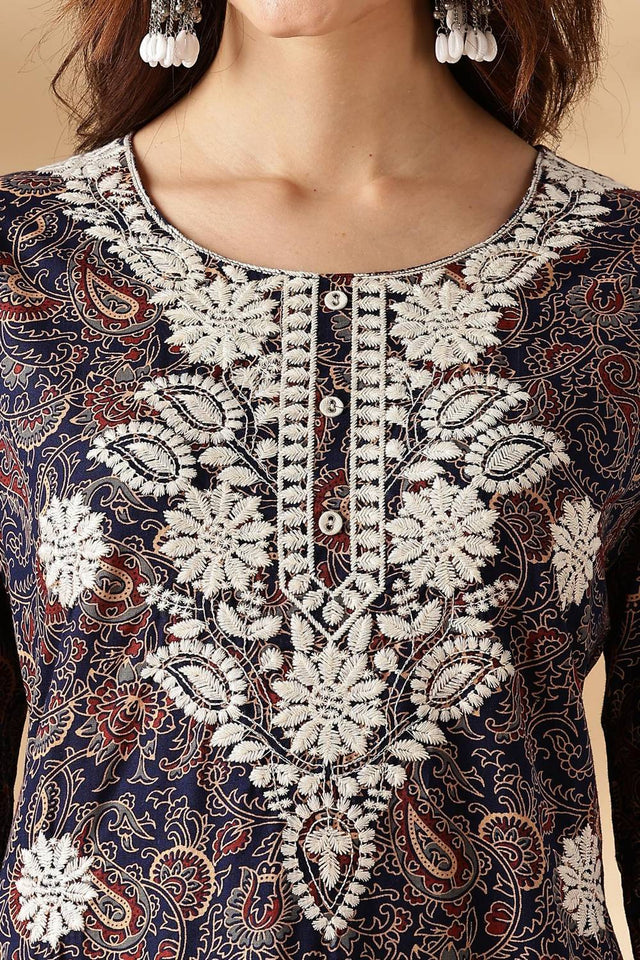 Navy Blue Embroidered Cotton Kurti Pant Set