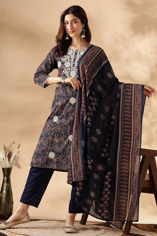 Navy Blue Embroidered Cotton Kurti Pant Set
