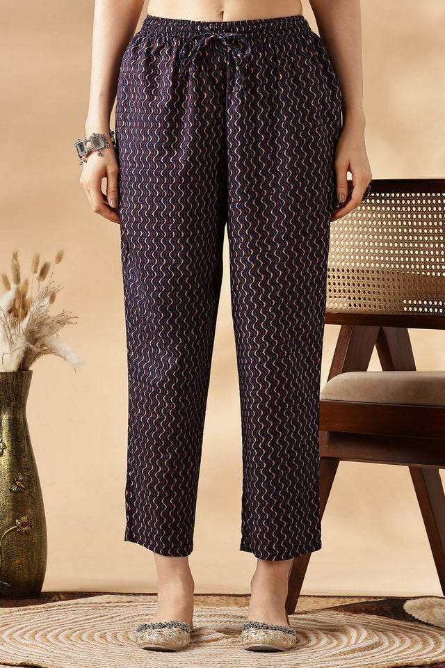 Navy Blue Embroidered Cotton Kurti Pant Set