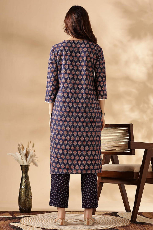 Navy Blue Embroidered Cotton Kurti Pant Set