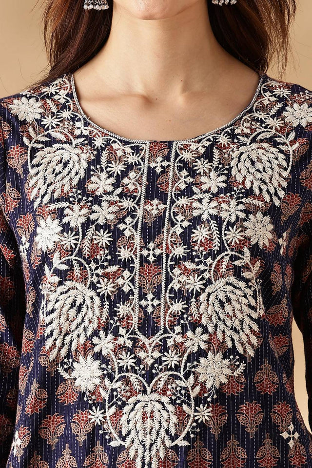 Navy Blue Embroidered Cotton Kurti Pant Set