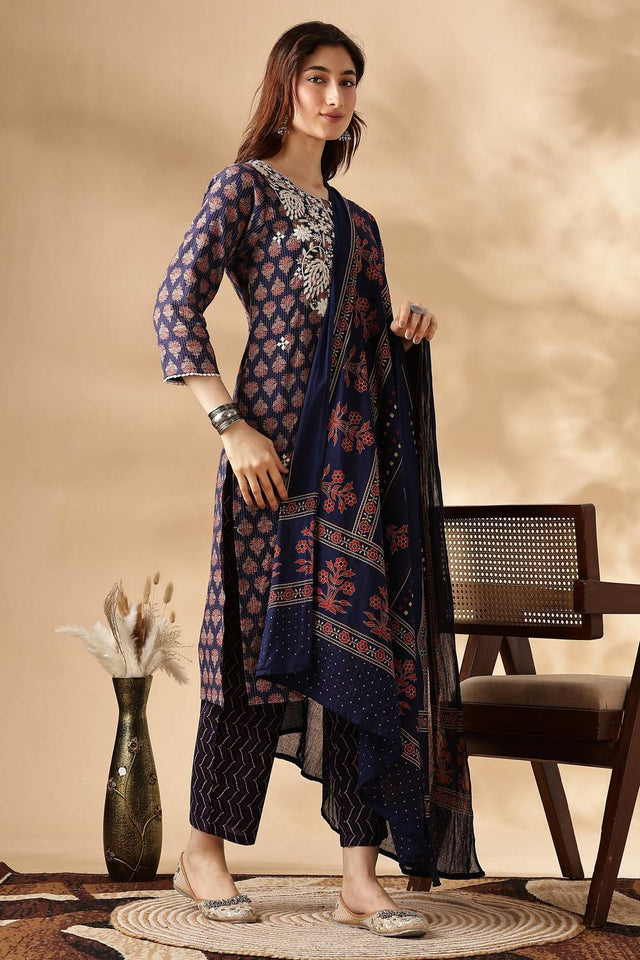 Navy Blue Embroidered Cotton Kurti Pant Set
