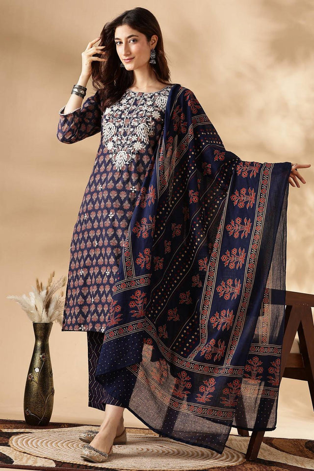 Navy Blue Embroidered Cotton Kurti Pant Set