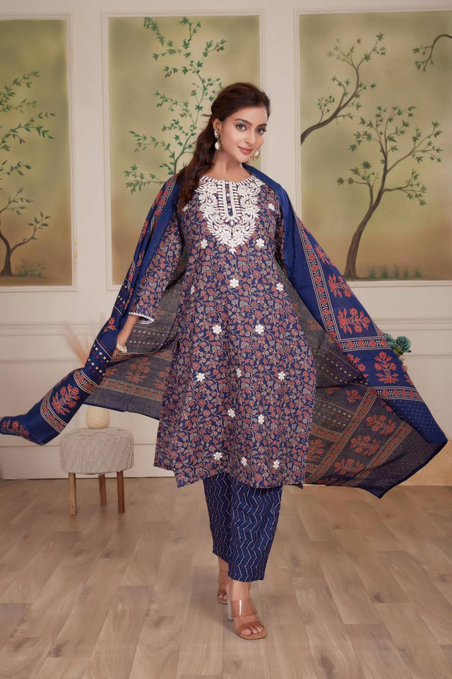 Navy Blue Embroidered Cotton Kurti Pant Set
