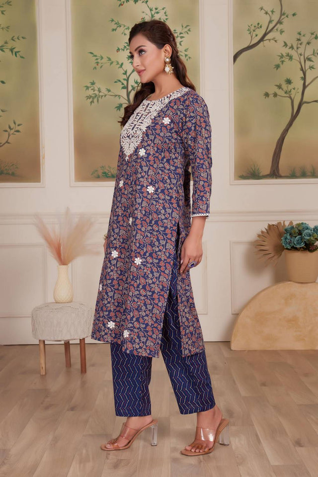 Navy Blue Embroidered Cotton Kurti Pant Set