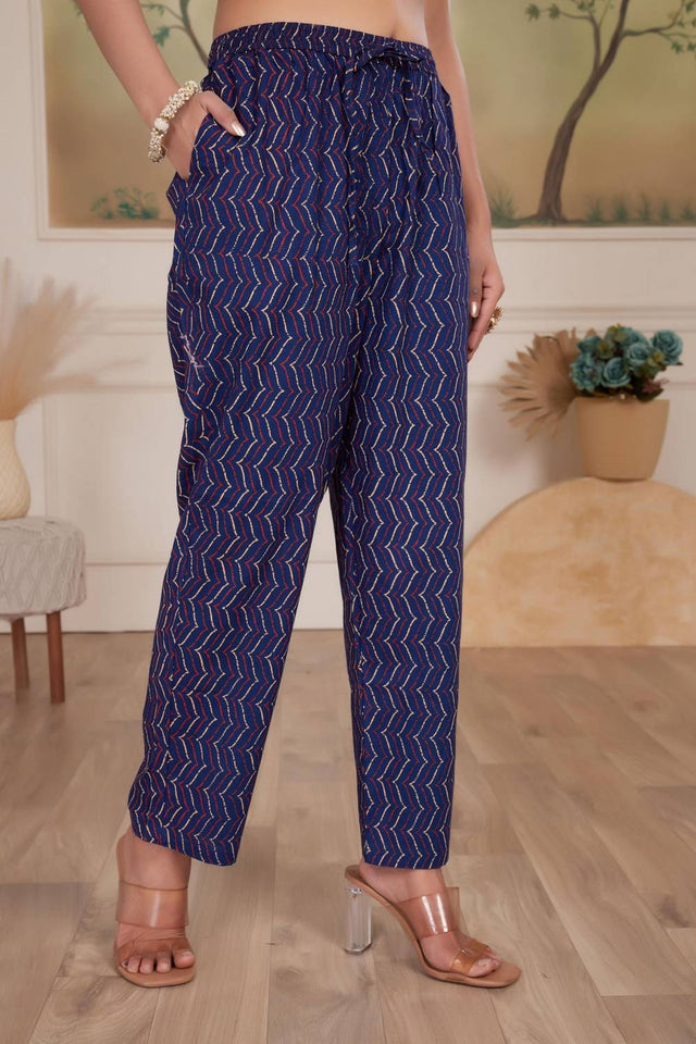 Navy Blue Embroidered Cotton Kurti Pant Set