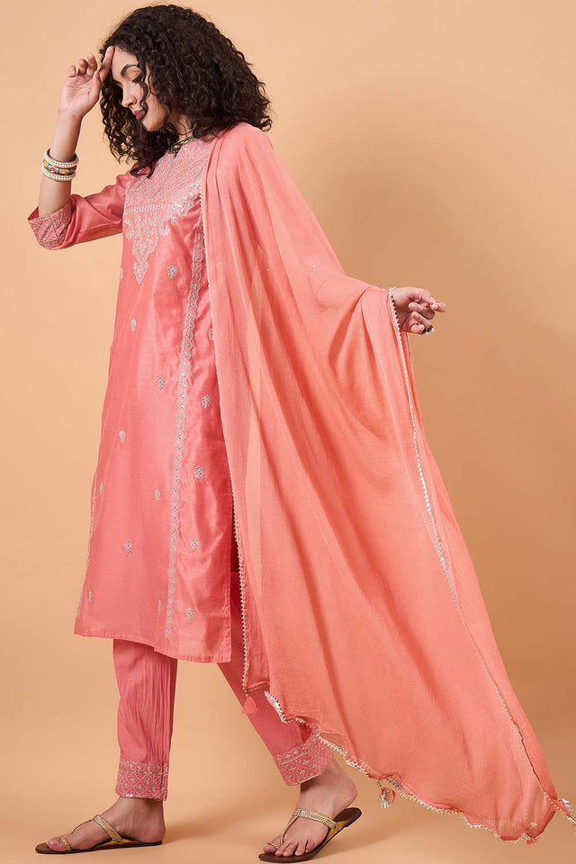 Women's Peach Silk Blend Printed Kurti Pant Set