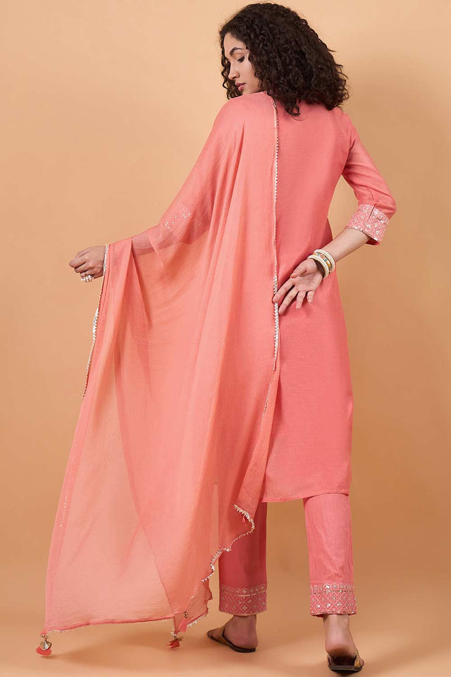 Women's Peach Silk Blend Printed Kurta Set - 3XL