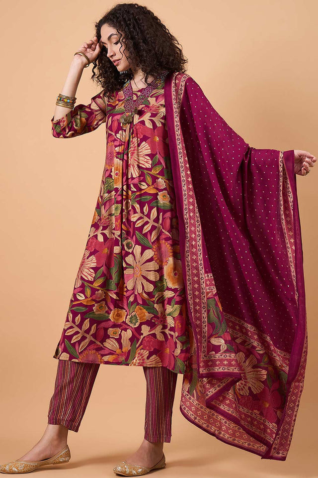 Women's Maroon Silk Blend Printed Kurti Pant Set
