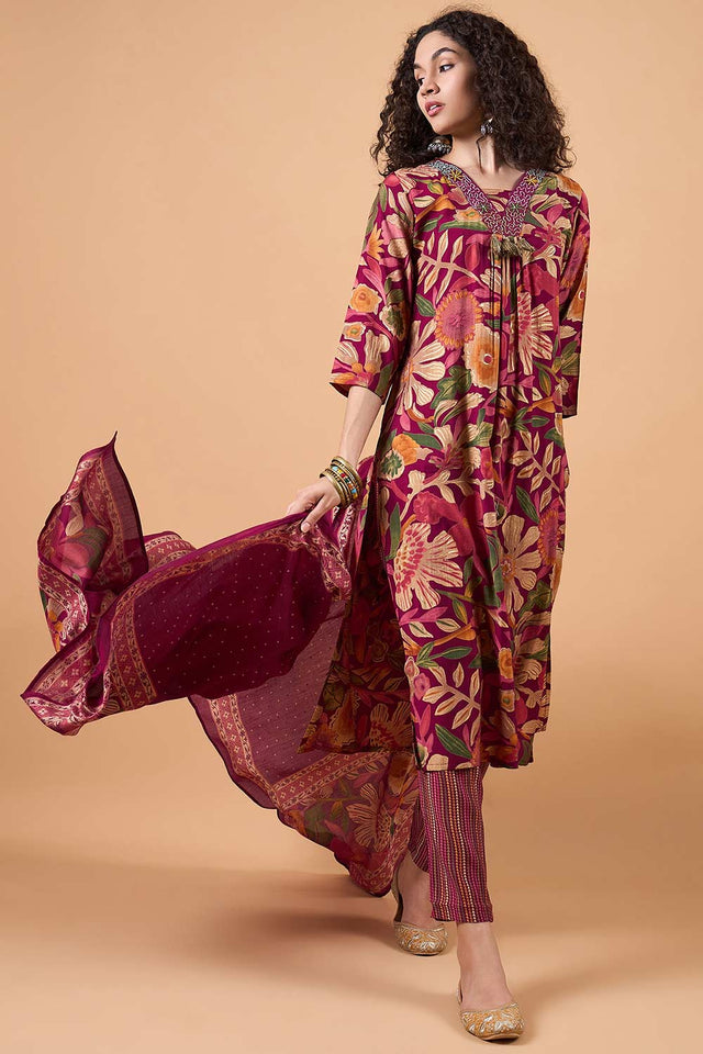 Women's Maroon Silk Blend Printed Kurti Pant Set