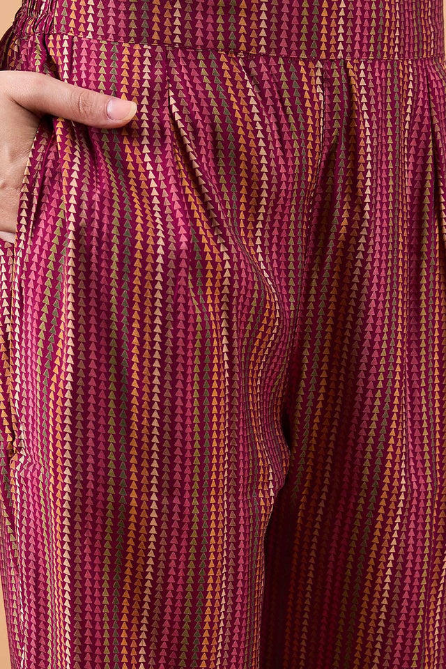 Women's Maroon Silk Blend Printed Kurti Pant Set