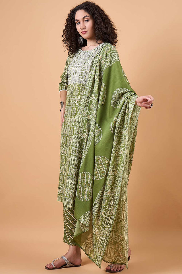 Women's Green Cotton Printed Kurti Pant Set