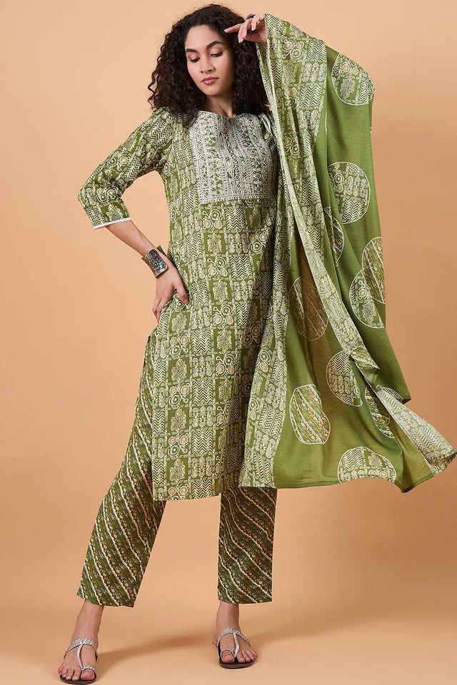 Women's Green Cotton Printed Kurti Pant Set