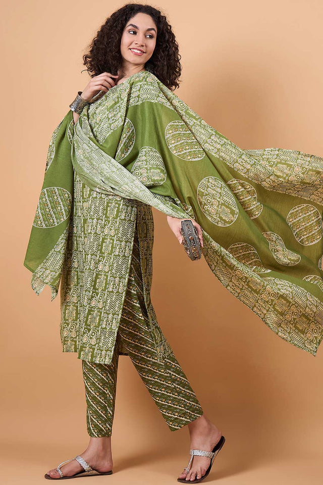 Women's Green Cotton Printed Kurti Pant Set