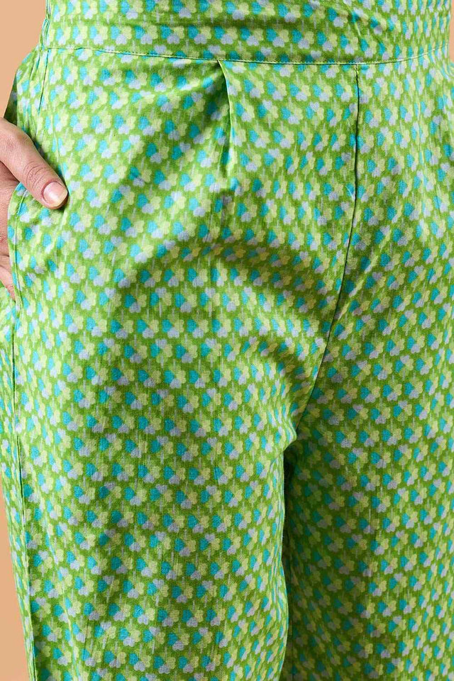 Women's Green Cotton Printed Kurti Pant Set