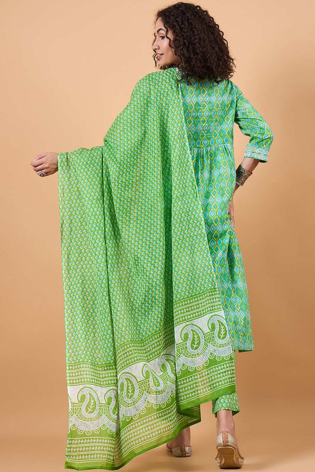 Women's Green Cotton Printed Kurti Pant Set