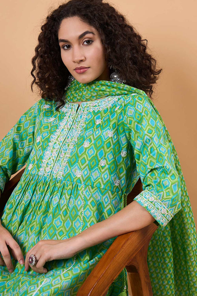 Women's Green Cotton Printed Kurti Pant Set