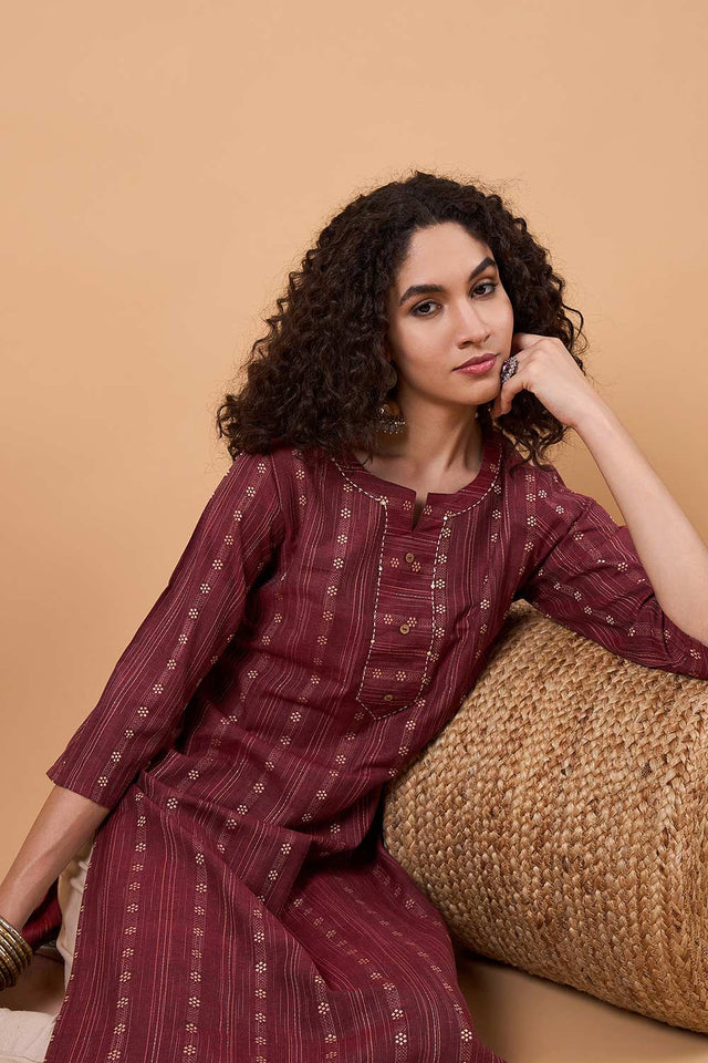 Women's Maroon Cotton Printed Kurti Pant Set